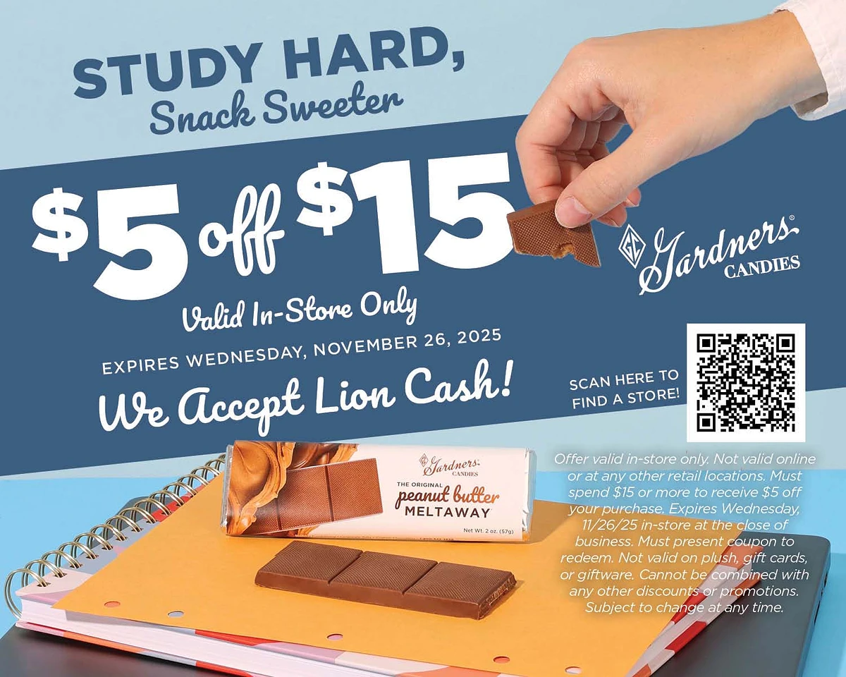 This advertisement offers a $5 discount on a $15 purchase of Gardners Candies, valid in-store only and accepting Lion Cash, with a hand holding a piece of chocolate.