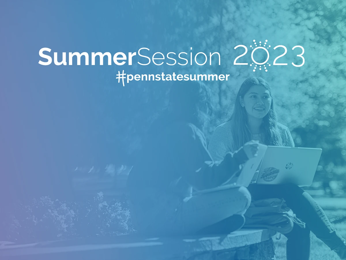 Student's working on laptops outside under a blue background that reads, "Summer Session, 2023"
