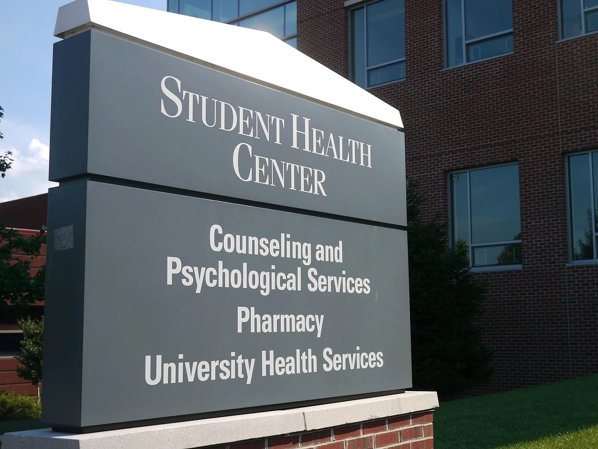Outdoor sign reading "Student Health Center"