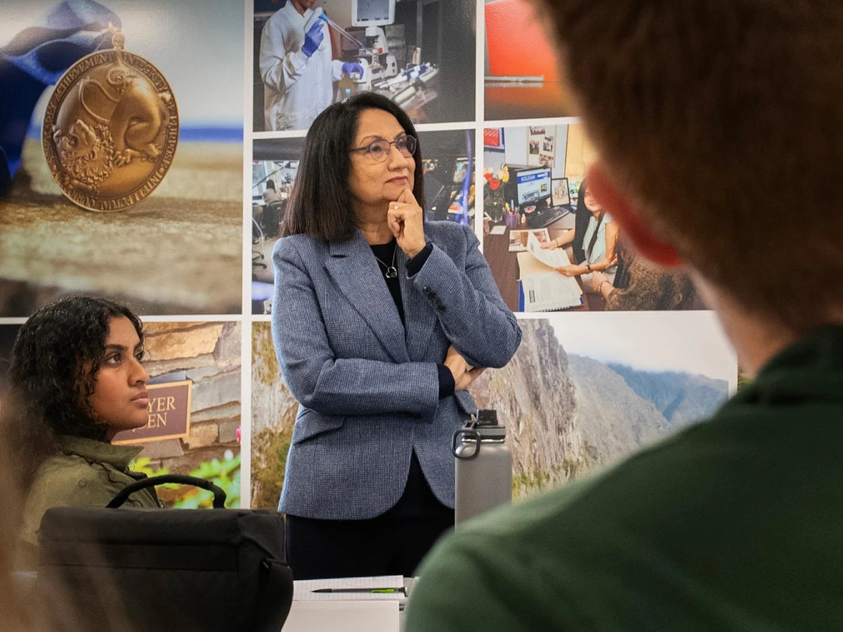President Bendapudi standing at the front of a classroom.