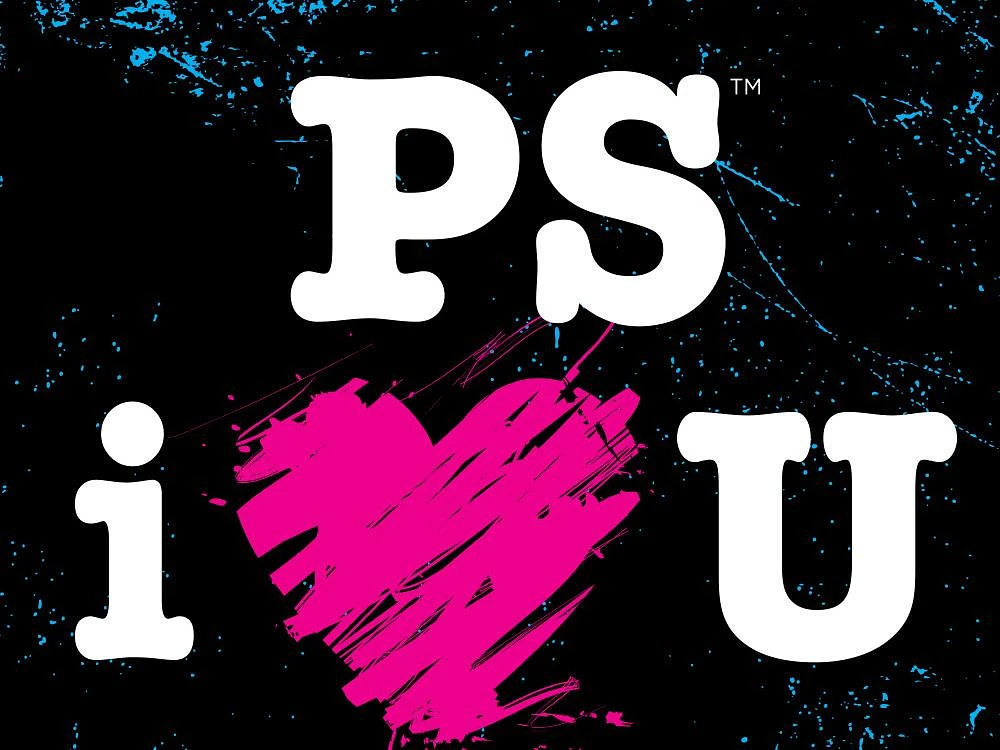 Black graphic with pink heat reading, "PS i (heart) u"