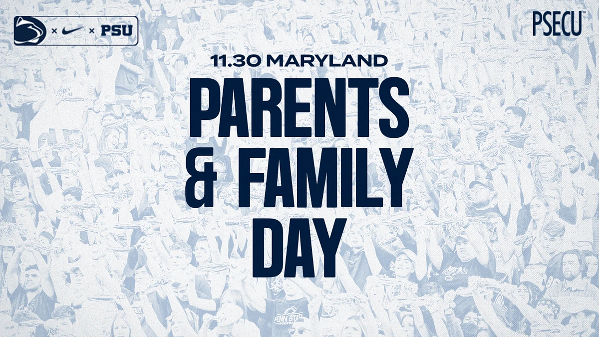 A promotional poster for "Parents & Family Day" at a Maryland event, featuring logos from Penn State University, Nike, and PSECU.