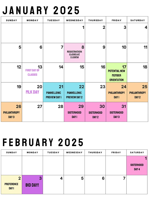 This image shows a January and February 2025 calendar featuring important dates for a university's Panhellenic events, such as registration, orientation, preview days, and sisterhood events.