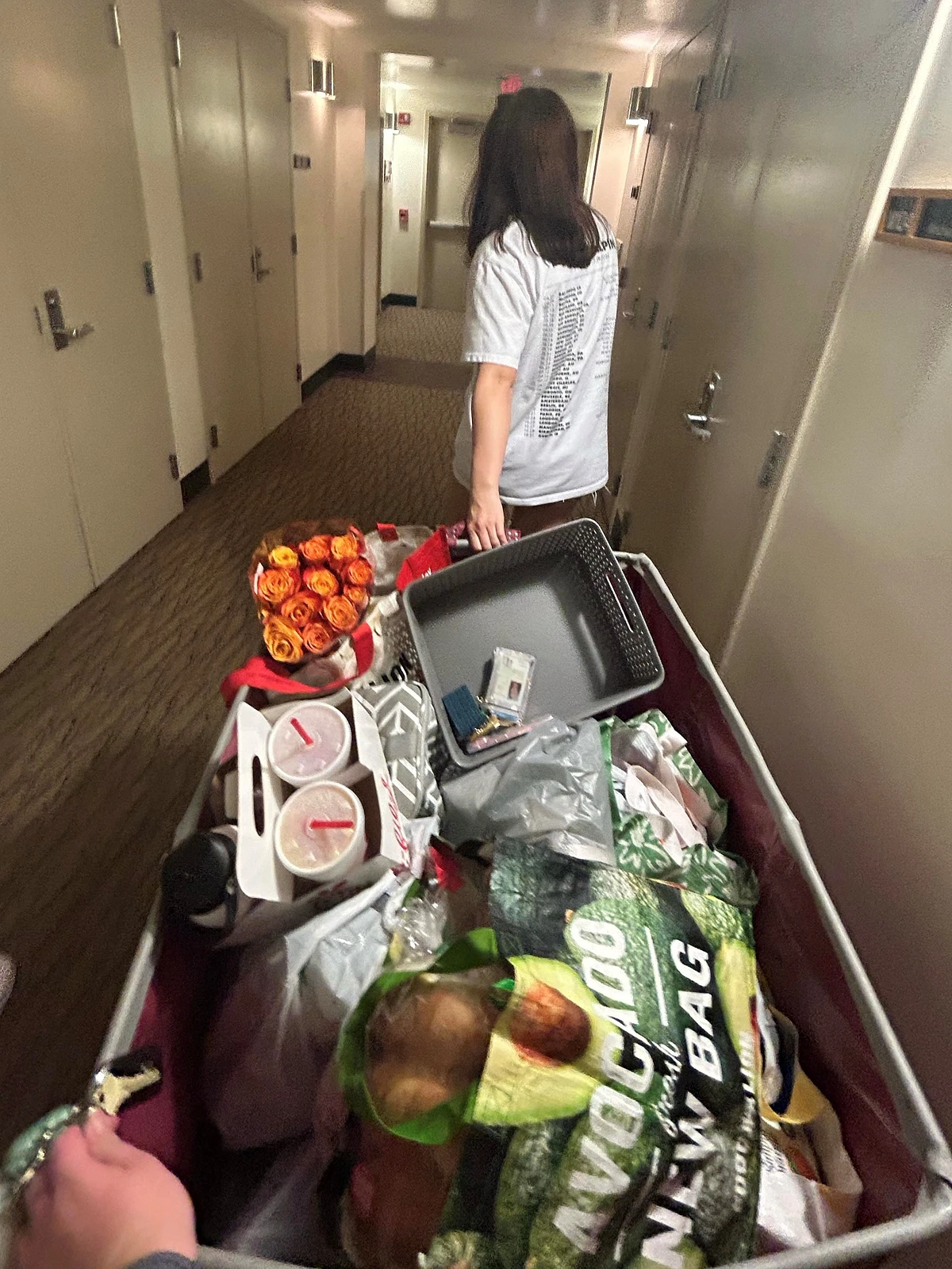 A person pushes a cart filled with groceries and flowers down a hallway.