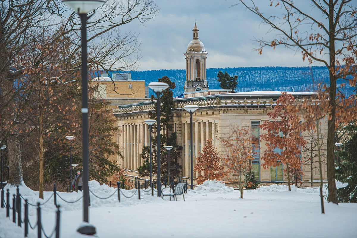 A snow-covered park with barren trees frames a historic building with a prominent dome.